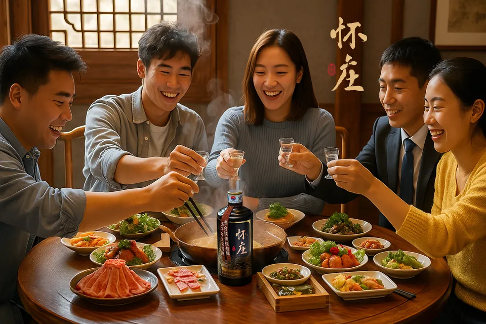 朋友围桌举杯，桌上摆放怀庄酒瓶